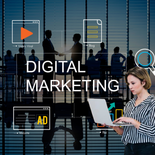 Woman holding laptop surrounded by social media, email, blog, and website icons"