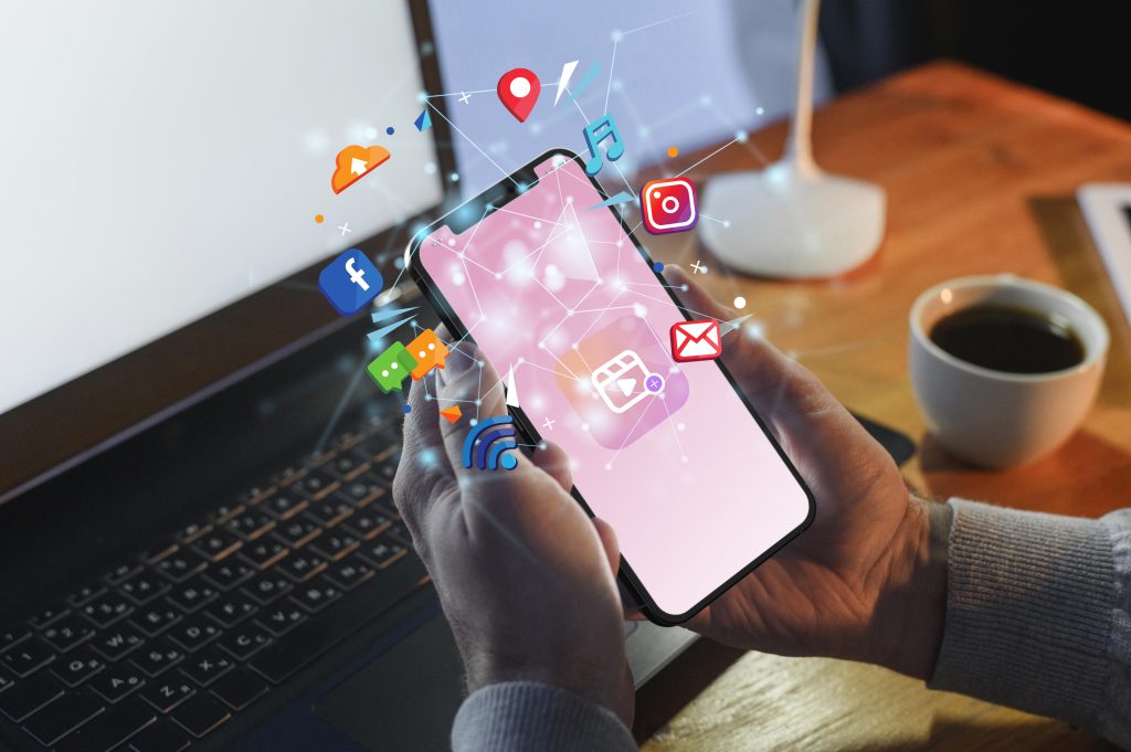 one person using mobile phone. open social media